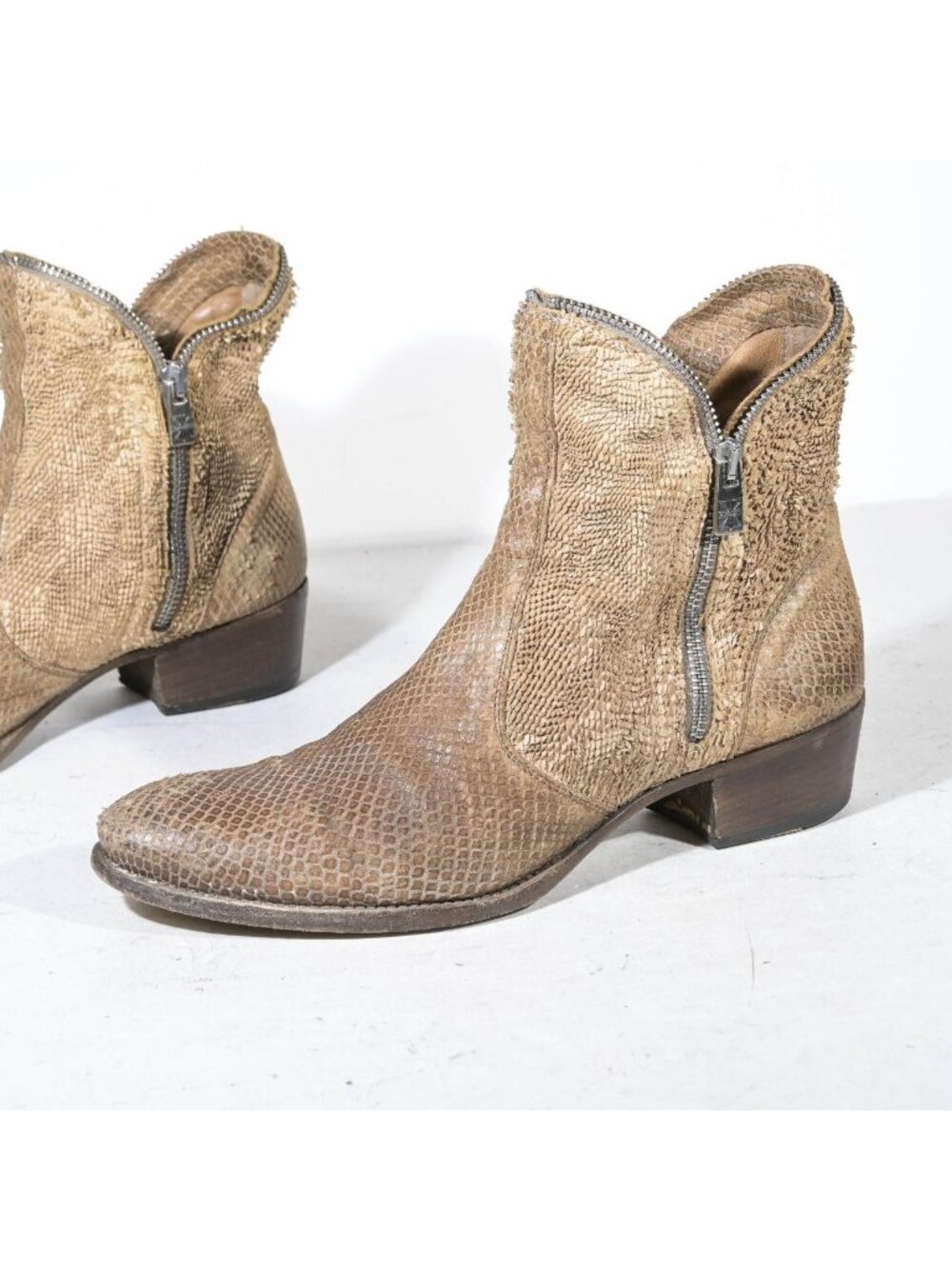 Tan Leather Ankle Boots Snakeskin Look Inside Outside Zip Bootie Made in Italy W